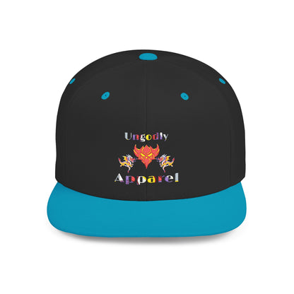 Flat Bill Snapback Hat — Colorful Flame Logo "Ungodly Apparel" Streetwear Cap