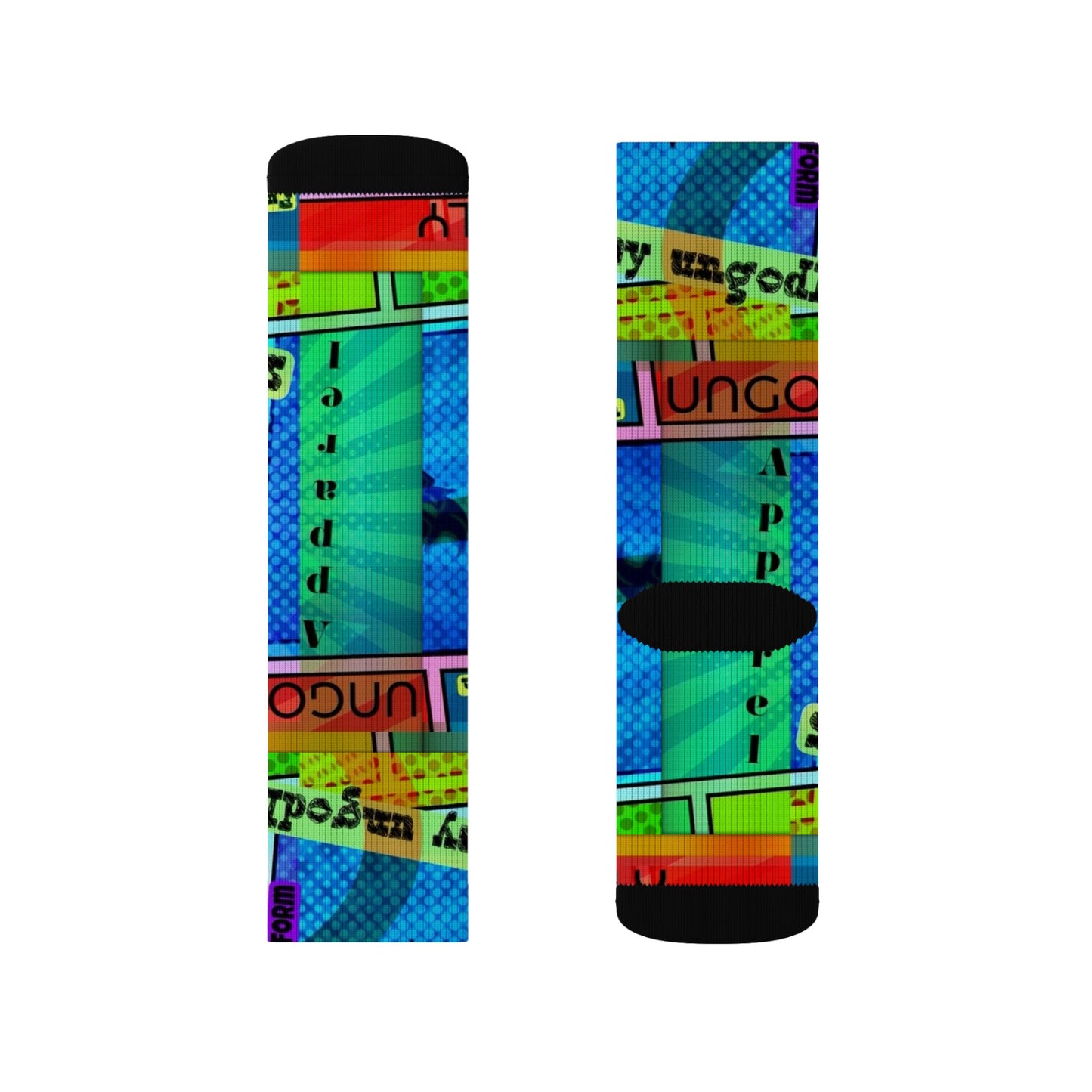 Ungodly Apparel Retro Vaporwave Sublimation Socks — Colorful 90s Cassette & Pixel Art Crew Socks