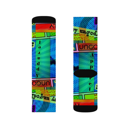 Ungodly Apparel Retro Vaporwave Sublimation Socks — Colorful 90s Cassette & Pixel Art Crew Socks