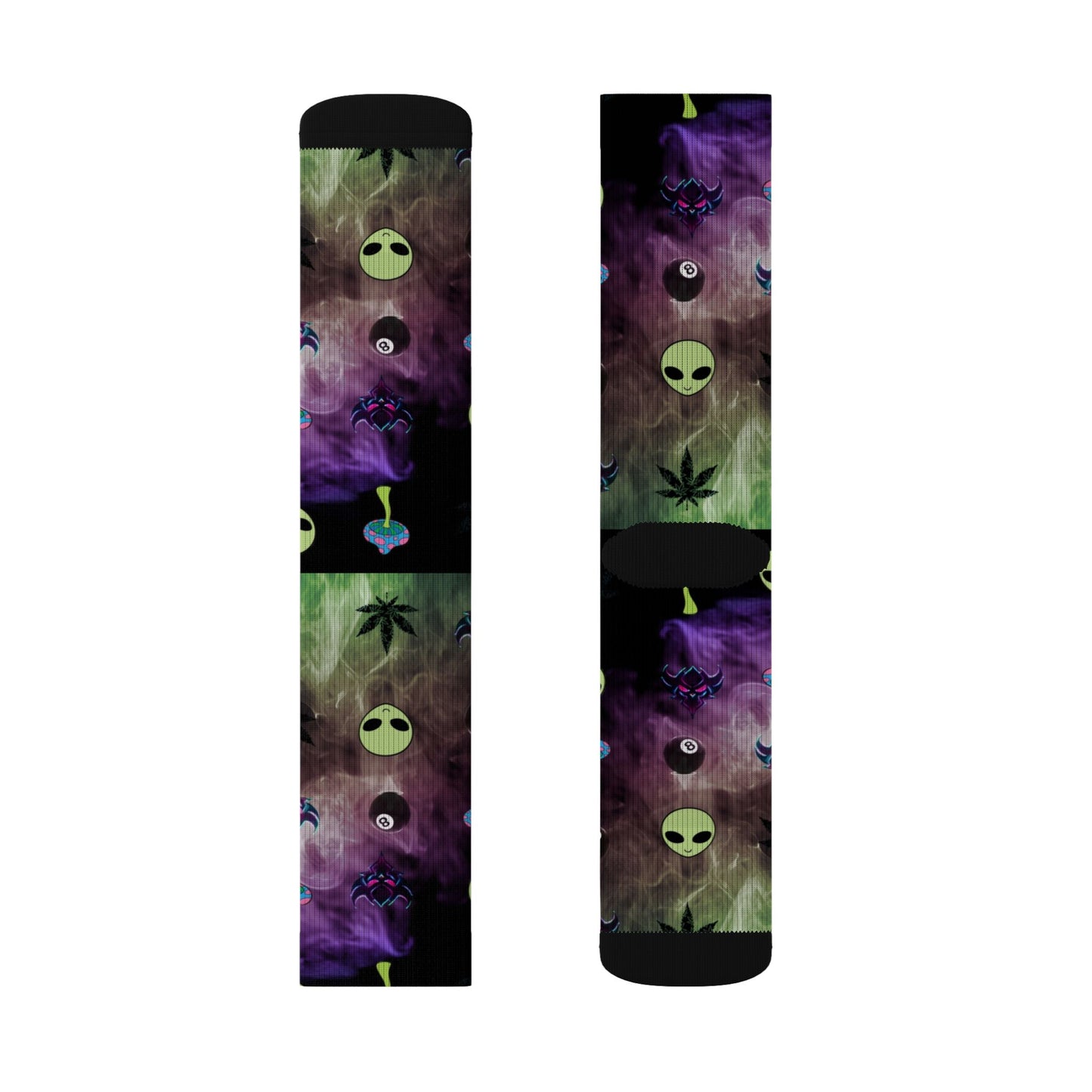 Alien Galaxy Sublimation Socks — Psychedelic UFO & Cannabis Pattern Crew Socks