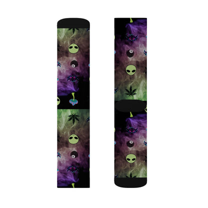 Alien Galaxy Sublimation Socks — Psychedelic UFO & Cannabis Pattern Crew Socks