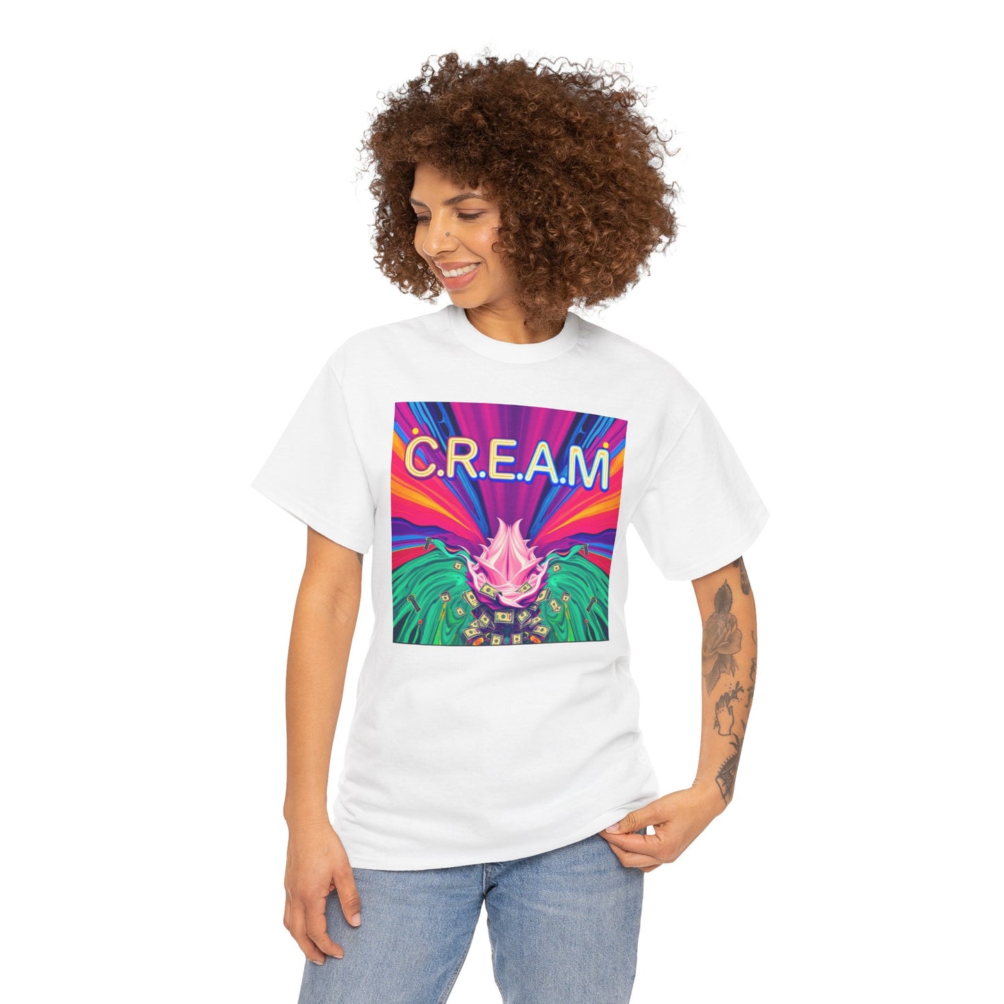 C.R.E.A.M. Unisex Heavy Cotton Tee, Colorful Graphic Shirt, Casual Wear, Music Festival Tee, Gift for Art Lovers