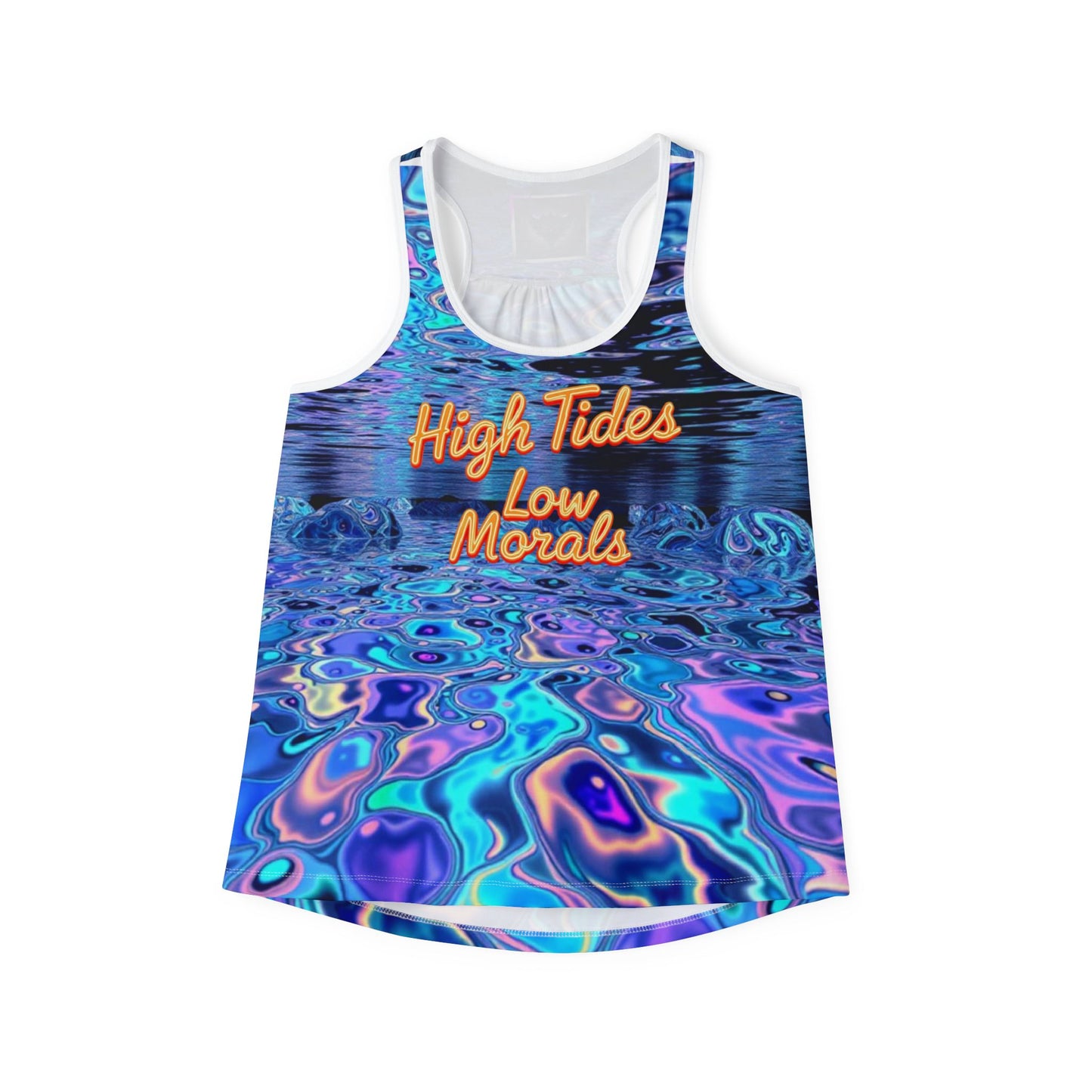 Vibrant Women's Tank Top with 'High Tides Low Morals', Colorful Beachwear, Summer Top, Vacation Shirt, Festival Attire