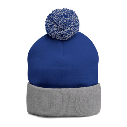 Blue and Gray Pom-Pom Knit Cap with Embroidered “UN” Design