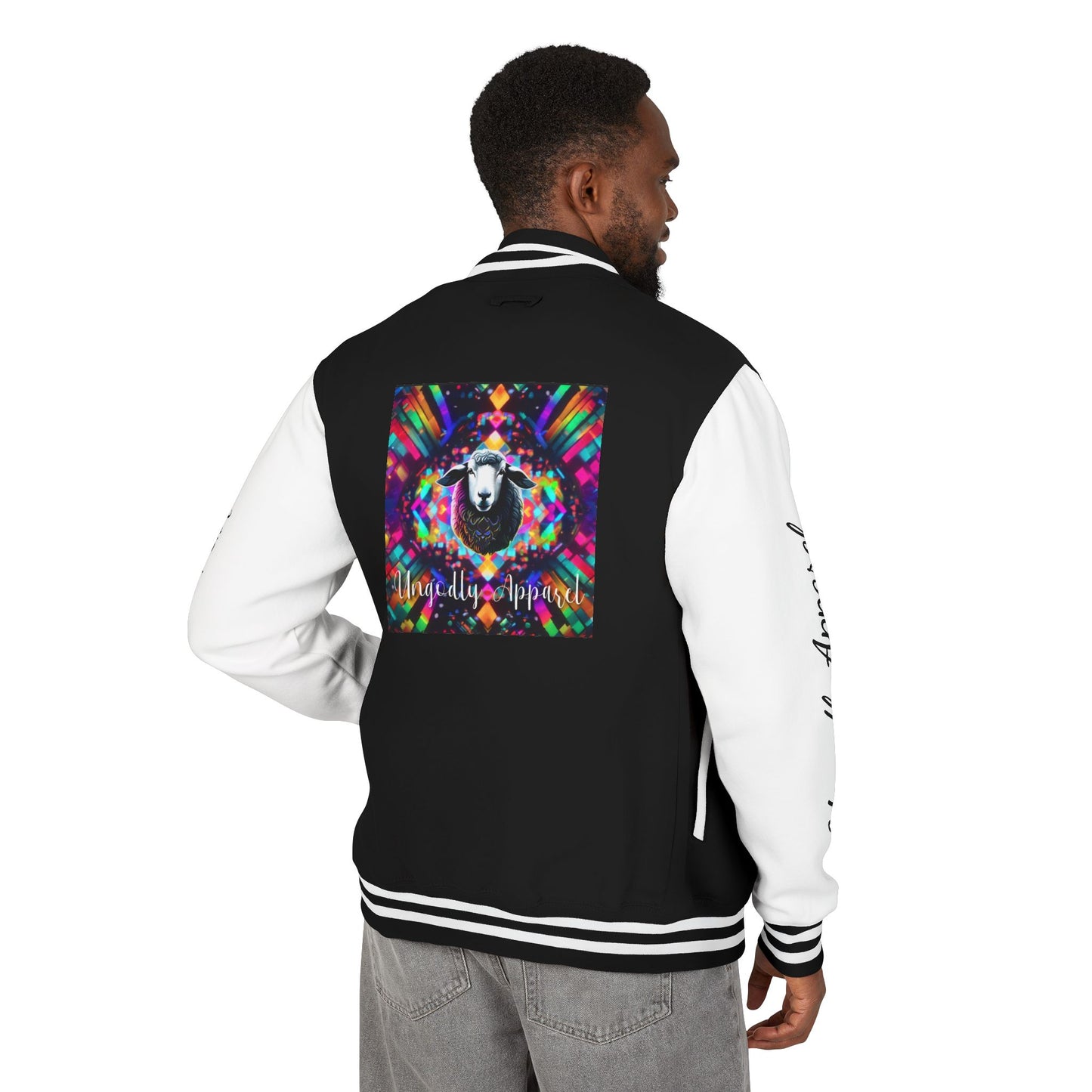 Letterman Jacket — Pink Kaleidoscope "Black Sheep of the Family"  Design with 'Ungodly Apparel' Sleeve Text