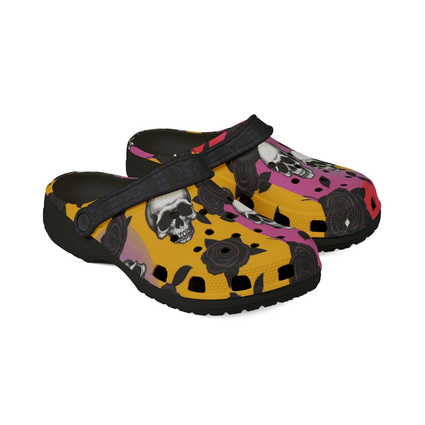 Skull & Roses Clogs — Colorful Floral Slip-On Shoes