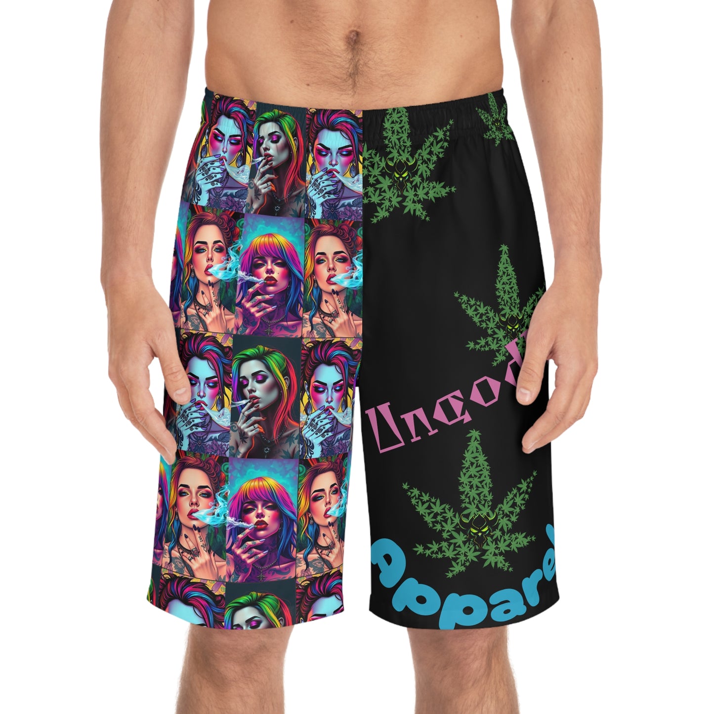 "Stoner Bitches" Trippy Graphic Board Shorts, Funky Summer Swimwear, UnGodly Apparel, Beach, Festival, Edgy Swim Trunks, Colorful Vacation Shorts