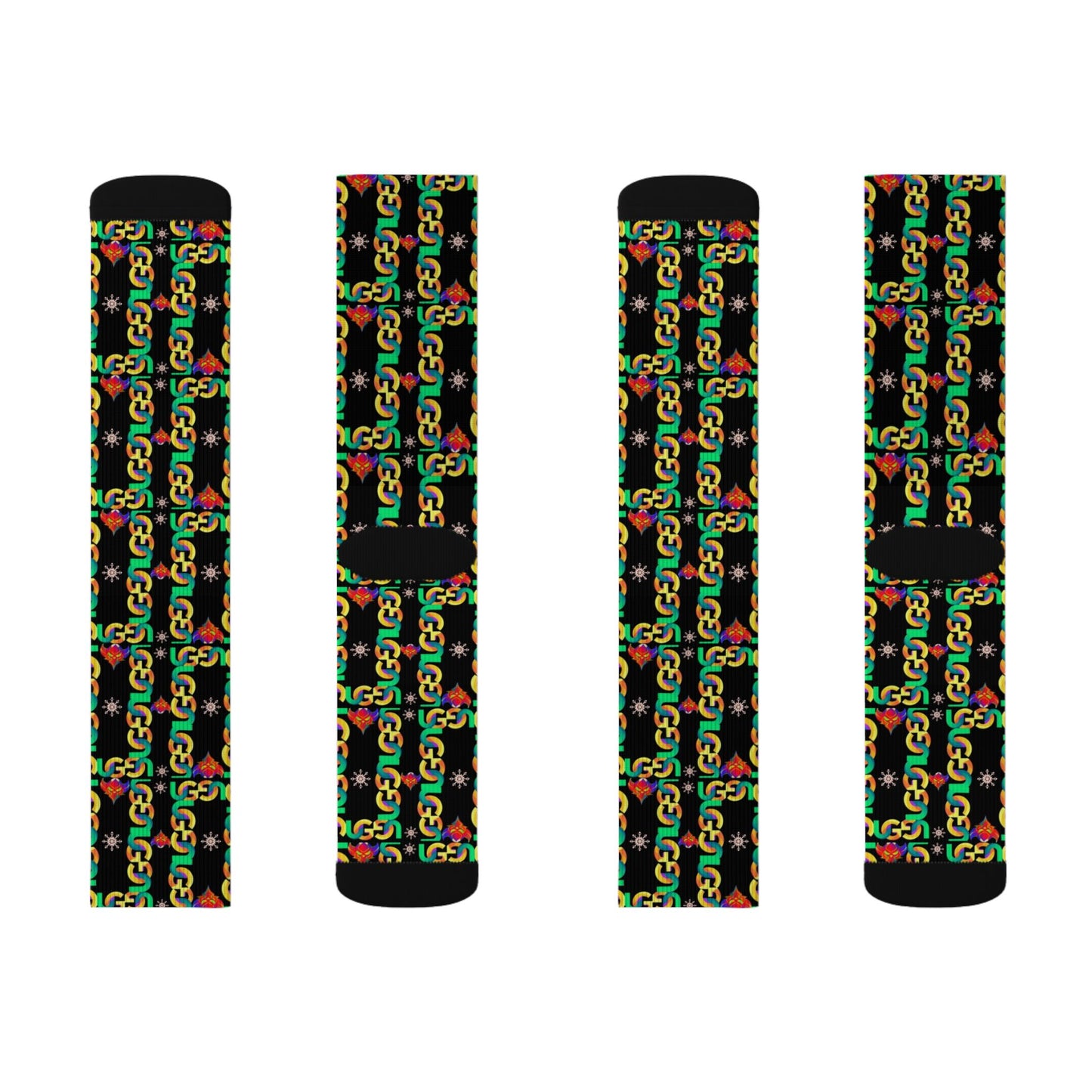 Rasta Ungodly Chain Pattern Sublimation Socks — Black Crew Socks with Red, Yellow & Green Chain Print