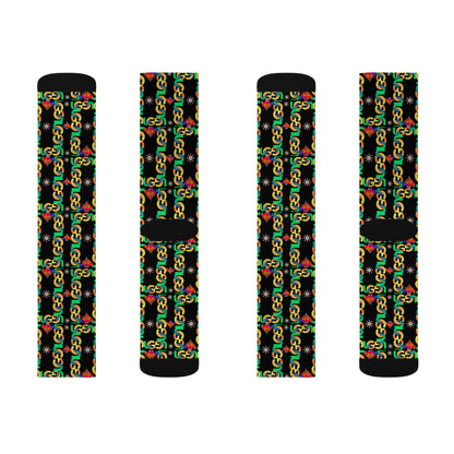 Rasta Ungodly Chain Pattern Sublimation Socks — Black Crew Socks with Red, Yellow & Green Chain Print