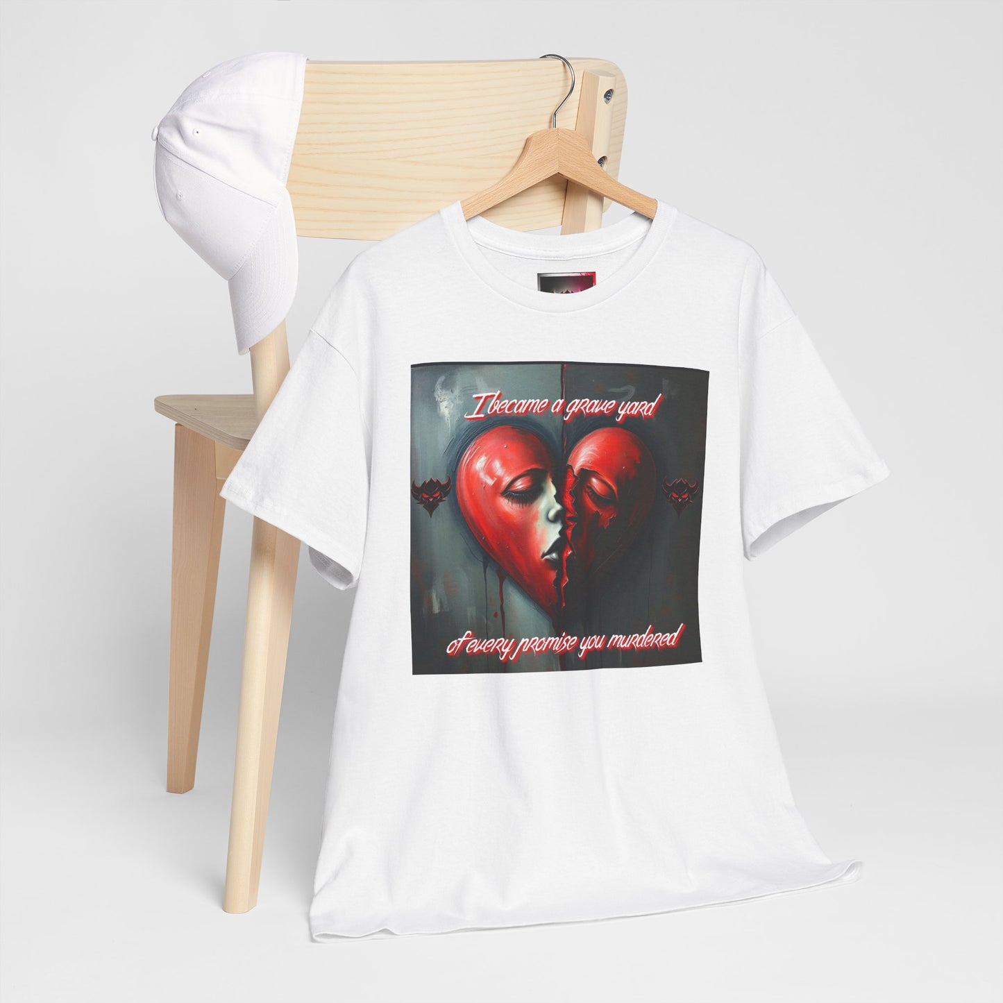 Heartbreak Unisex Heavy Cotton Tee - "I Became a Graveyard to Every Promise You Murdered" Graphic T-Shirt