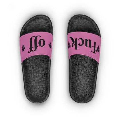 Women's Slide Sandals - Trendy Pink "F*** Off" Design for Bold Style