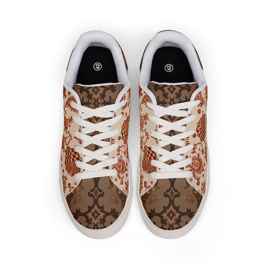 "Brown UG Apparel Checkerboard/Paisley" Men's Leather Sneakers — Rustic Paisley Brown Low-Top