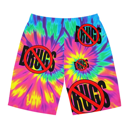 Vibrant Tie-Dye Board Shorts with 'No Drugs' Design, Summer Swimwear, Beachwear, Festival Shorts, Men's Casual Shorts, Colorful Swim Trunks