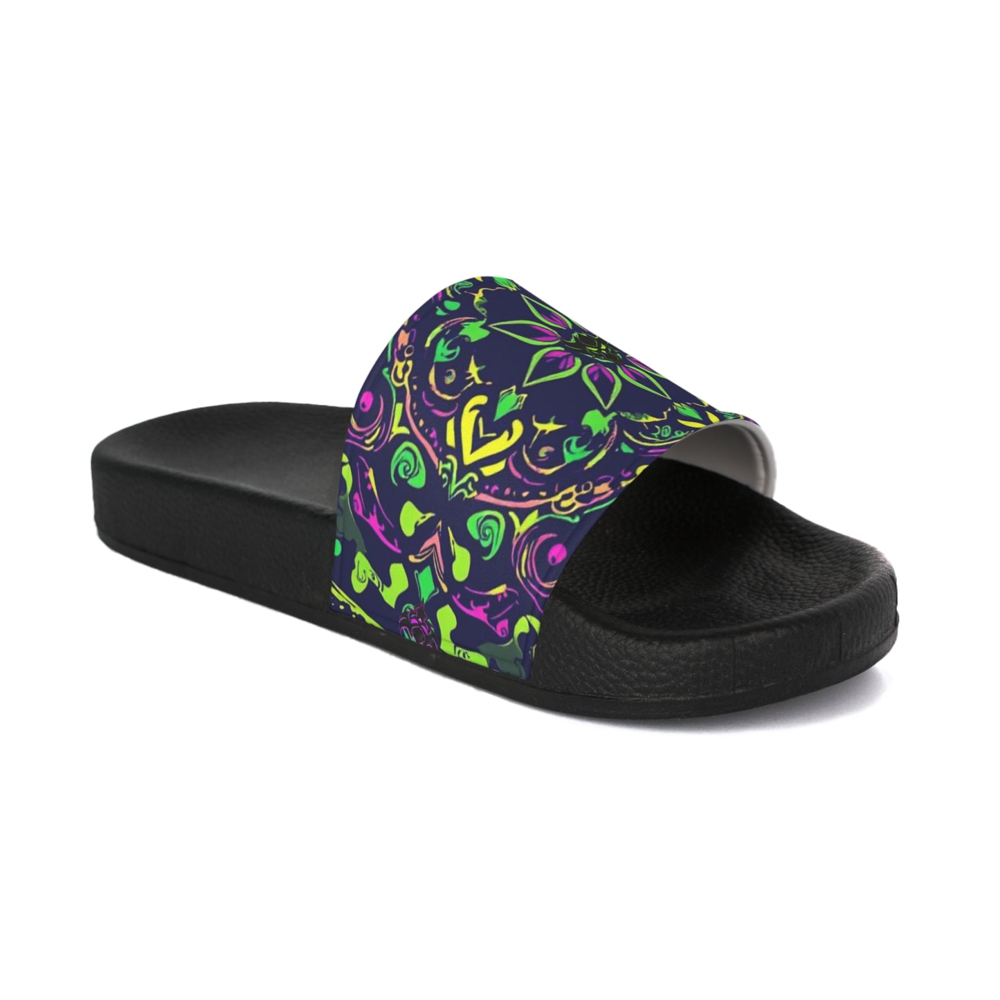 Vibrant "Ungodly Apparel Purple and Green Paisley" Men's Slide Sandals with Colorful Mandala Print