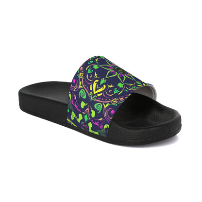 Vibrant "Ungodly Apparel Purple and Green Paisley" Men's Slide Sandals with Colorful Mandala Print