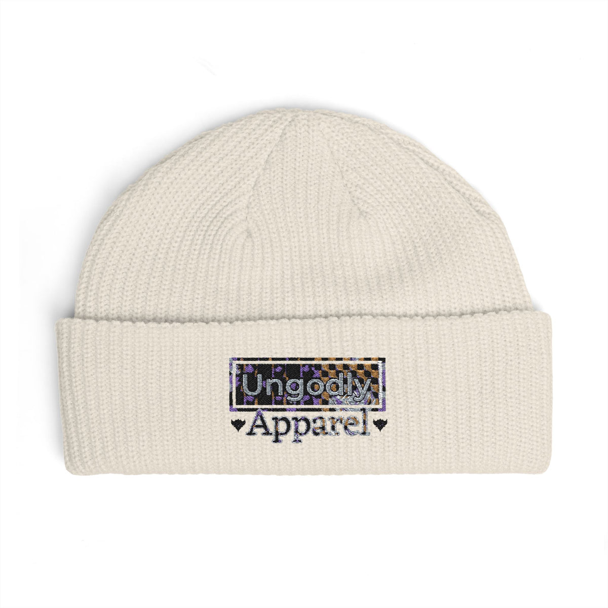 Embroidered 'Ungodly Apparel' Cuff Beanie — Sequin Patch Winter Knit Cap