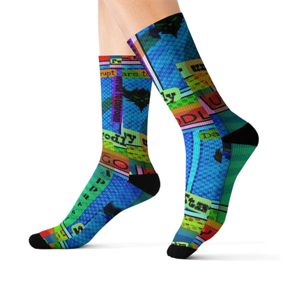 Ungodly Apparel Retro Vaporwave Sublimation Socks — Colorful 90s Cassette & Pixel Art Crew Socks
