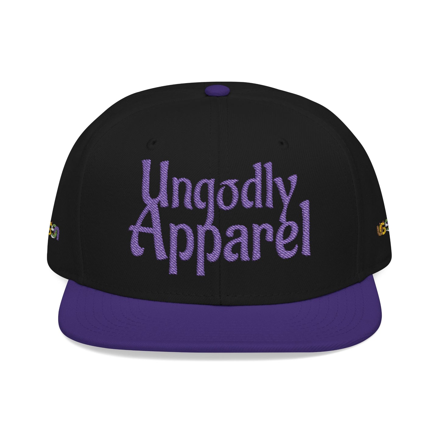 Embroidered Snapback Hat — 'Ungodly Apparel' Purple Script