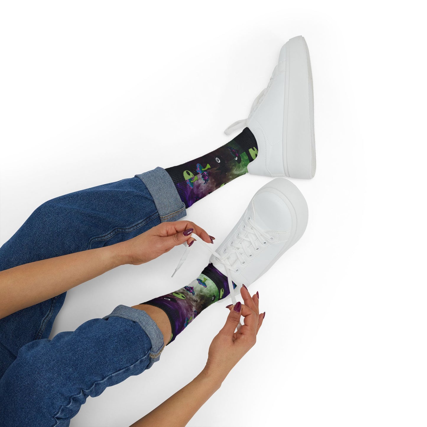 Alien Galaxy Sublimation Socks — Psychedelic UFO & Cannabis Pattern Crew Socks