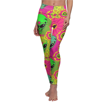 Psychedelic Alien Print Leggings — Colorful Neon Skull & Sun Pattern