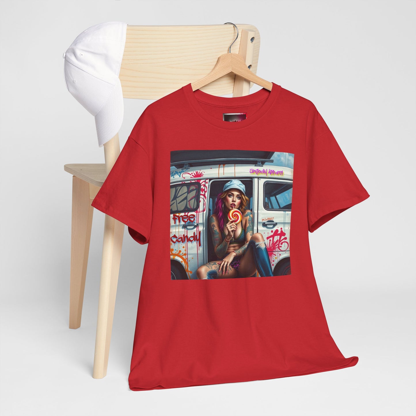 "Free Candy" Street Art Unisex Heavy Cotton Tee, Casual Graphic Shirt, Vintage Style Tee, Unique Gift, Urban Wear, Art Lover Apparel