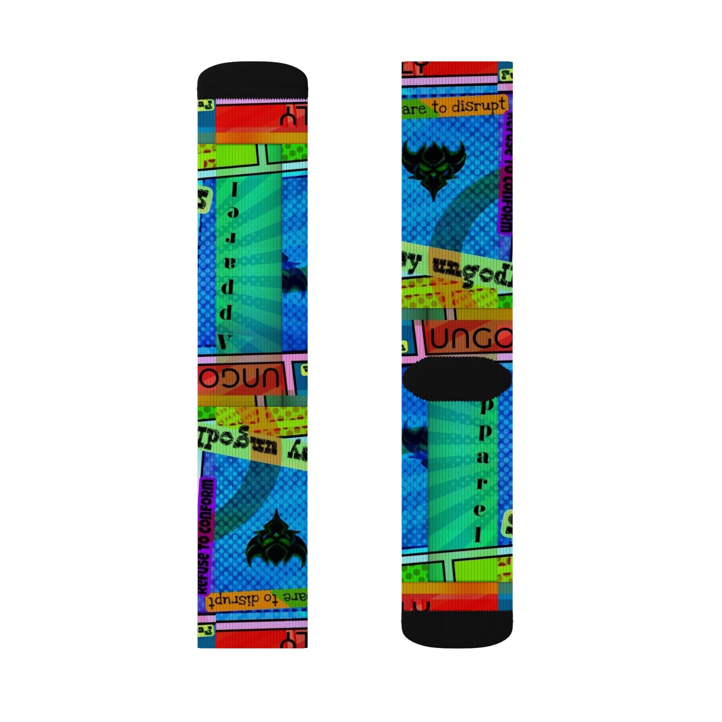 Ungodly Apparel Retro Vaporwave Sublimation Socks — Colorful 90s Cassette & Pixel Art Crew Socks