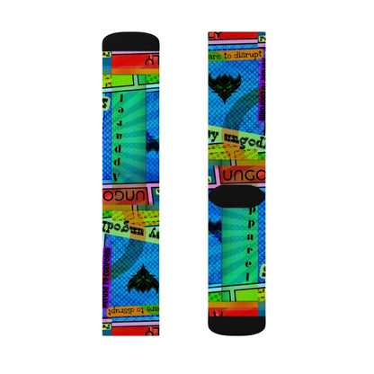 Ungodly Apparel Retro Vaporwave Sublimation Socks — Colorful 90s Cassette & Pixel Art Crew Socks