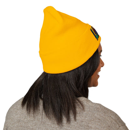 Gold Ungodly Pattern Embroidered Colorblock Abstract Cuffed Beanie