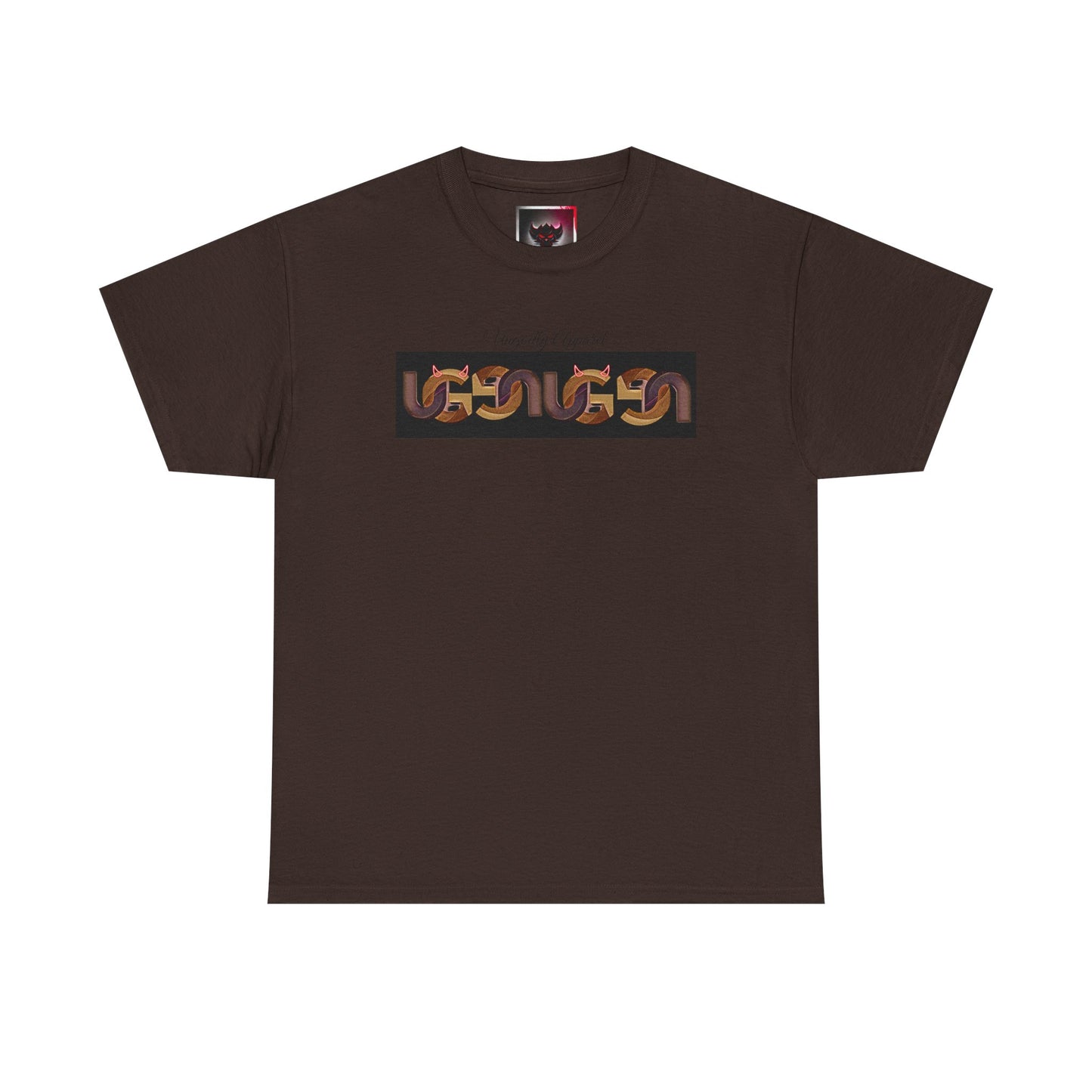 Retro Ungodly Apparel Flame Script Tee — Brown UG Link Pattern Graphic T-Shirt