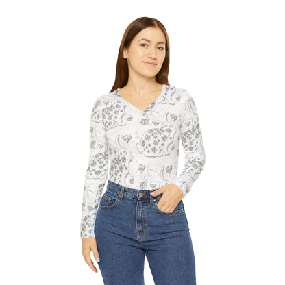 Floral Snow Bunny V‑Neck Long Sleeve Shirt