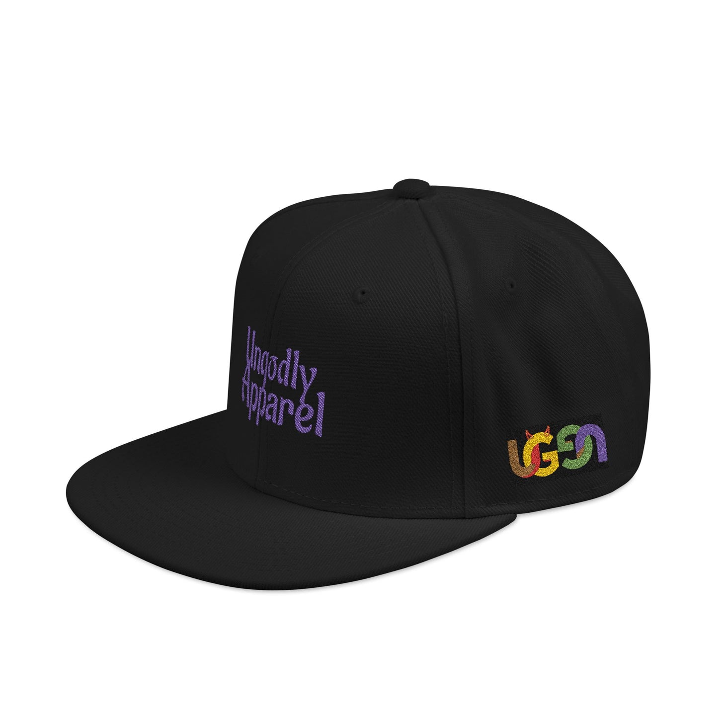 Embroidered Snapback Hat — 'Ungodly Apparel' Purple Script