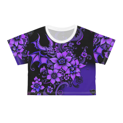 Gothic Floral "Chill of Darkness" Crop Tee - Purple Dragon & Flower Design