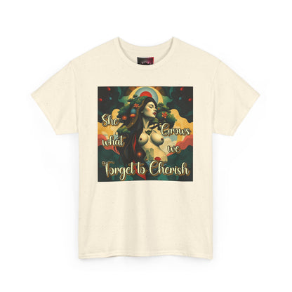 Inspirational Unisex Heavy Cotton Tee - "She Grows What We Forget to Cherish"
