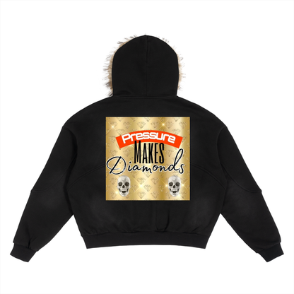 "UG Apparel: Pressure Makes Diamonds" Sun Fade Boxy Detachable Fur Hoodie