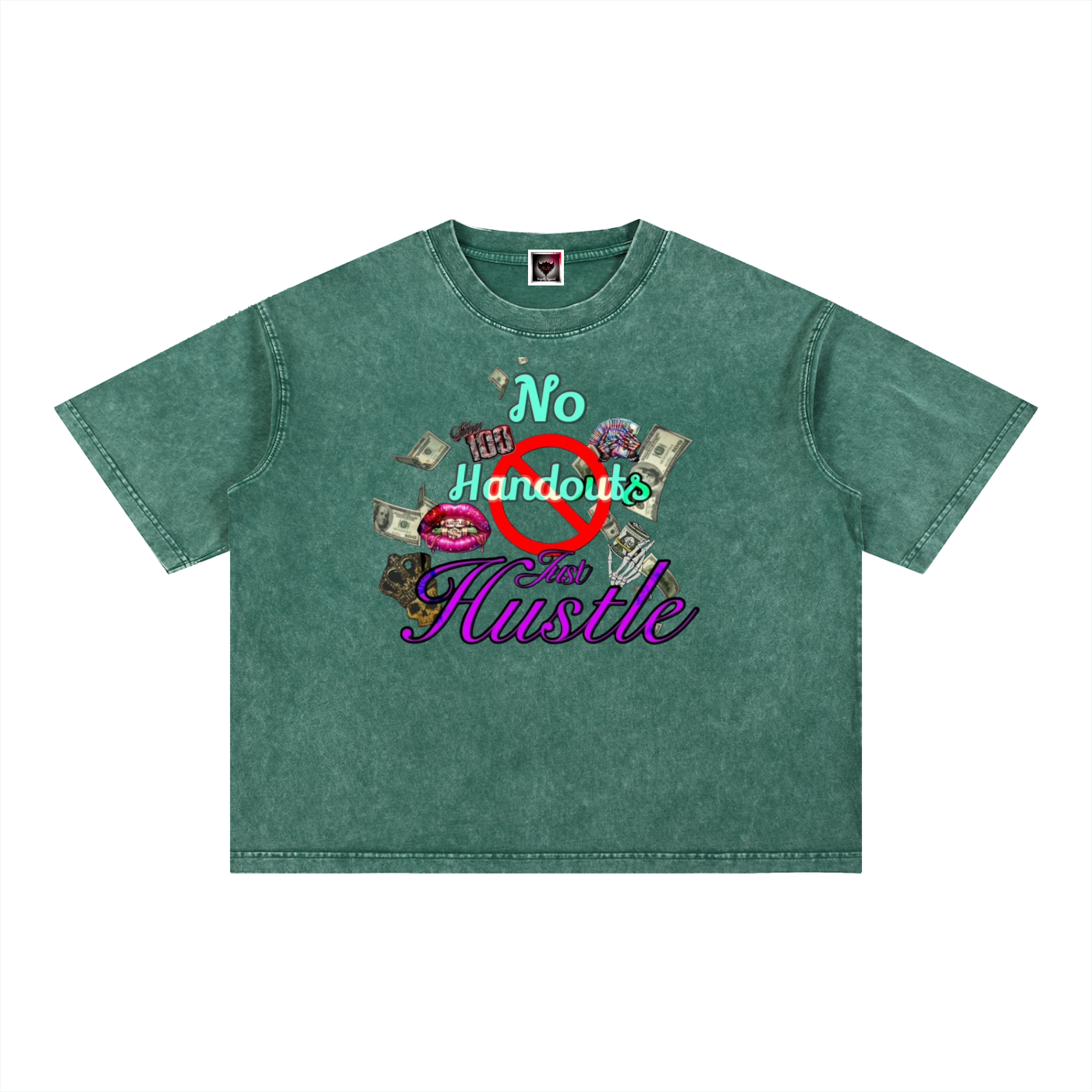 "No Handouts, Just Hustle" Mineral Wash Boxy Cotton T-Shirt