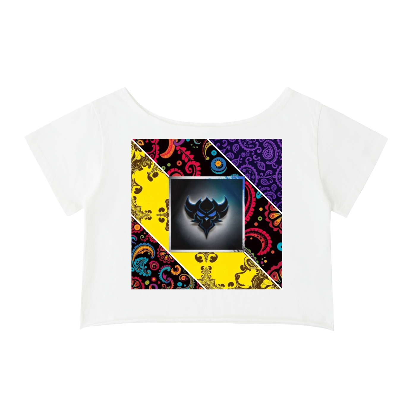 "Bandana Patchwork with Ungodly Apparel Logo" Off-Shoulder Rolled Hem Cotton T-Shirt
