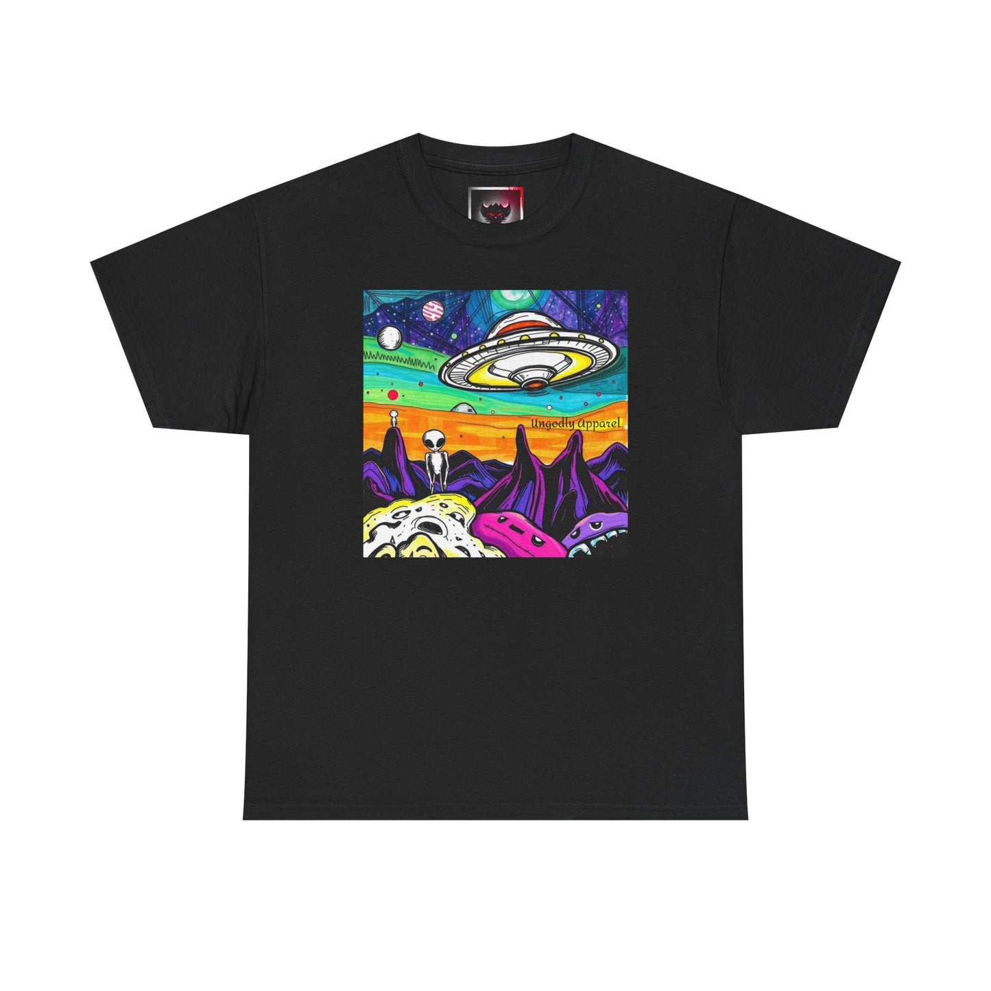 UFO Retro Alien Landscape T-Shirt — Colorful Space Art Tee