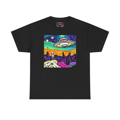 UFO Retro Alien Landscape T-Shirt — Colorful Space Art Tee