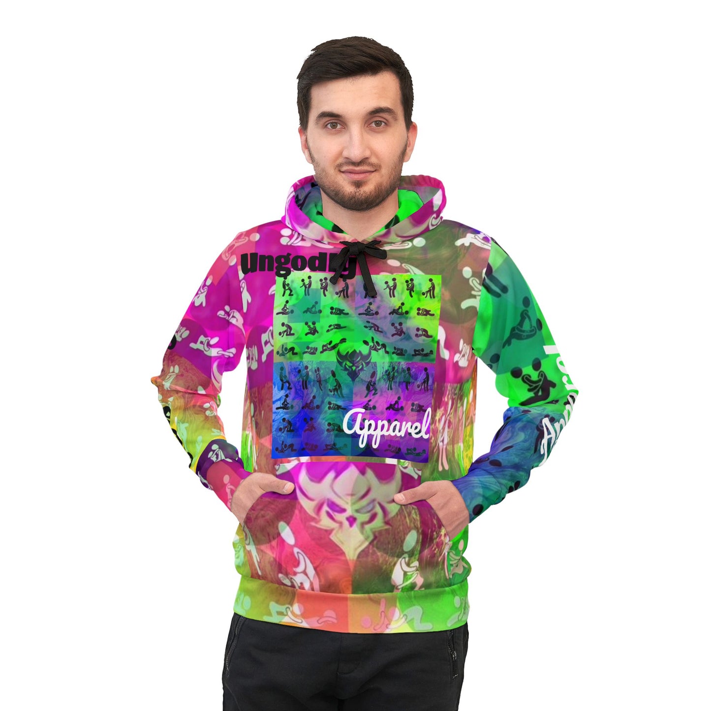 "Ungodly Positions: Karma Sutra" Vibrant Unisex Athletic Hoodie for Active Lifestyle