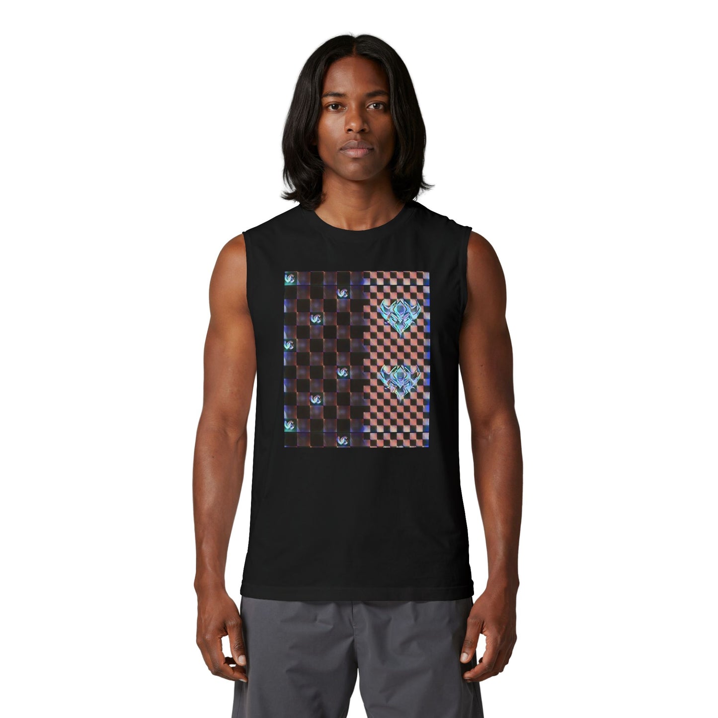 UG Checkerboard Pattern Muscle Tank — Retro Blue Holographic Logo