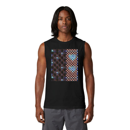 UG Checkerboard Pattern Muscle Tank — Retro Blue Holographic Logo