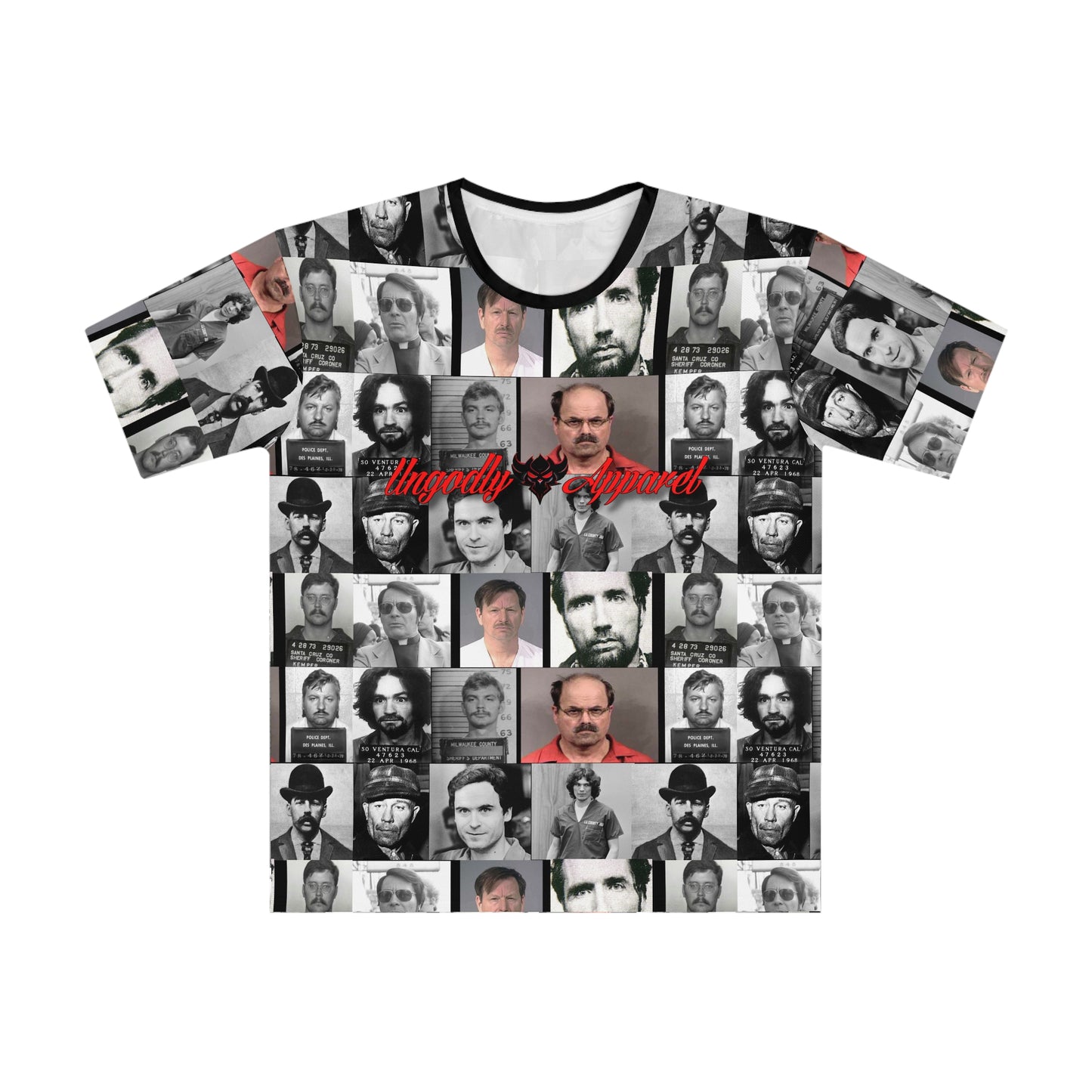 "True Crime" Stylish Men's AOP T-Shirt, Unique Graphic Tee, Casual Streetwear, Gift for Him, Vintage Mugshot Design