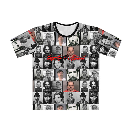 "True Crime" Stylish Men's AOP T-Shirt, Unique Graphic Tee, Casual Streetwear, Gift for Him, Vintage Mugshot Design