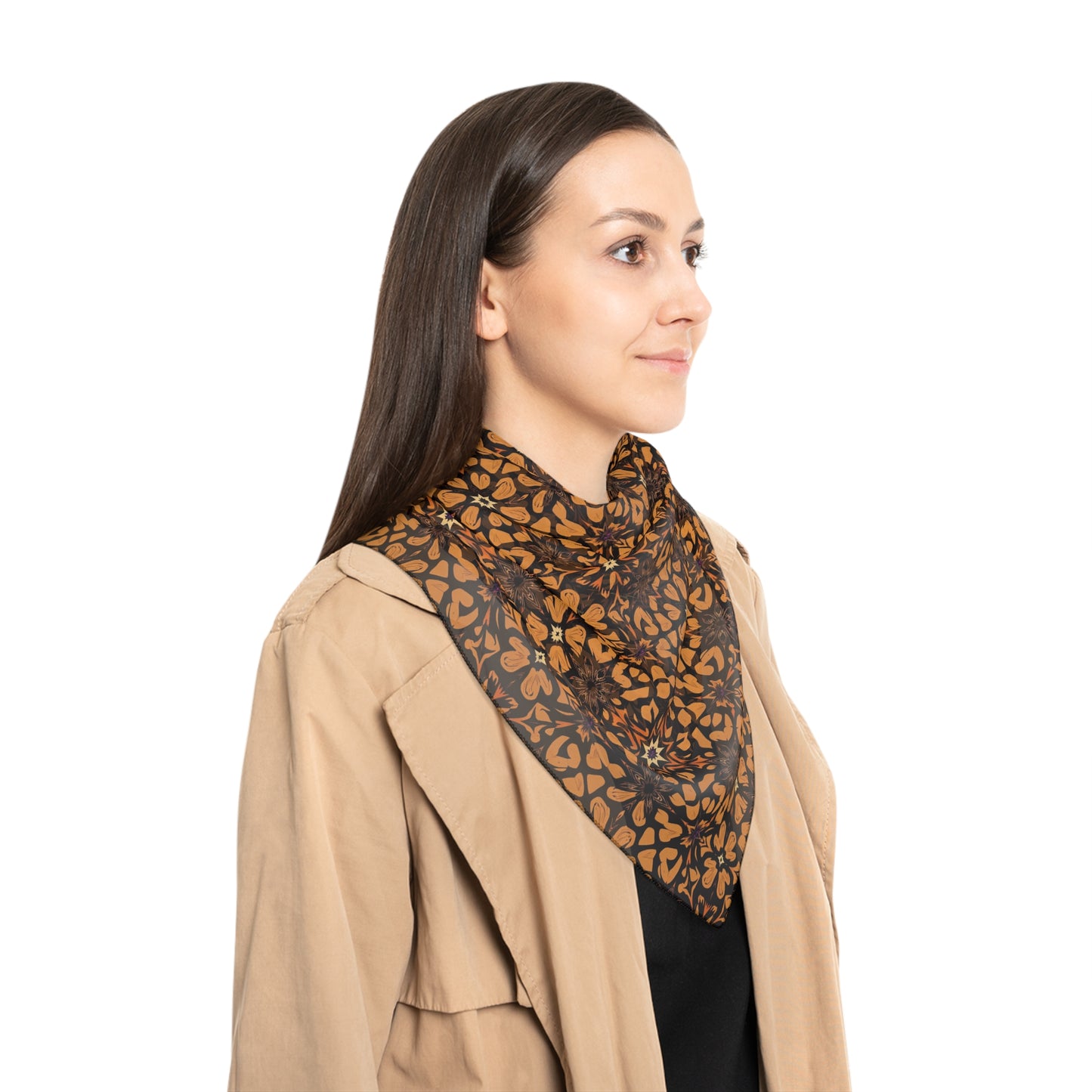 Geometric Tile Pattern Polyester Scarf — Warm Brown Floral Motif