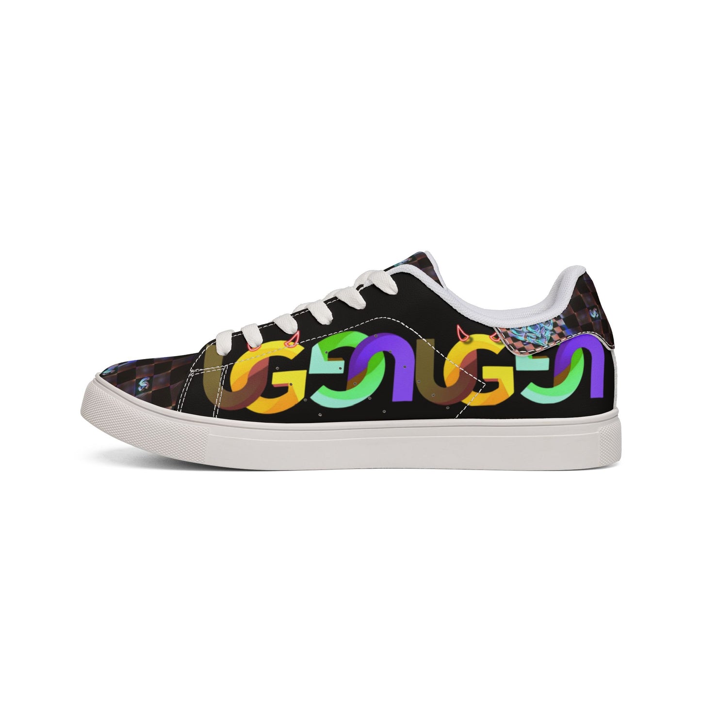 Leather Sneakers — Colorful Graffiti UG Checkboard Pattern Low-Top for Men