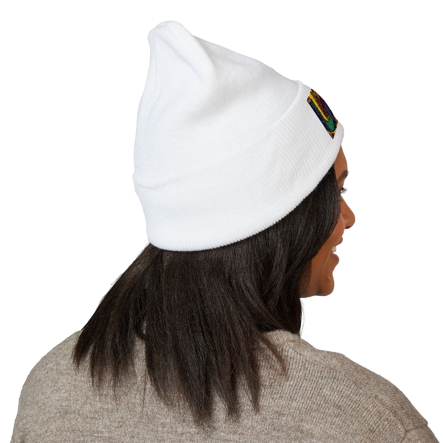 Gold Ungodly Pattern Embroidered Colorblock Abstract Cuffed Beanie