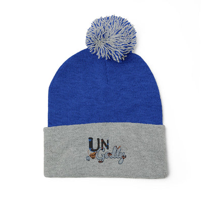 Blue and Gray Pom-Pom Knit Cap with Embroidered “UN” Design