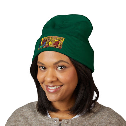 Gold Ungodly Pattern Embroidered Colorblock Abstract Cuffed Beanie