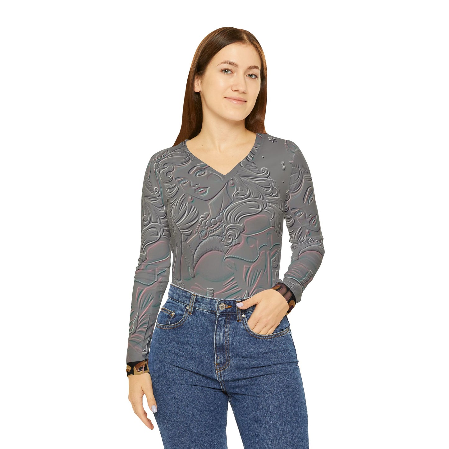 Santa Embossed V-Neck Long Sleeve — Women's Holiday Shirt