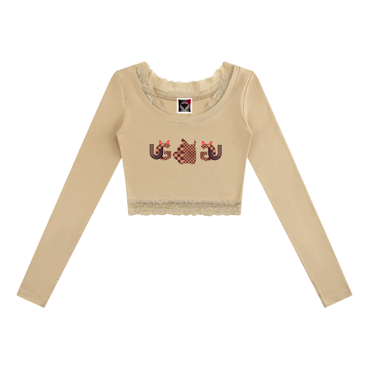 UG Brown Checkerboard Animal Women's Lace Trim Long Sleeve T-Shirt